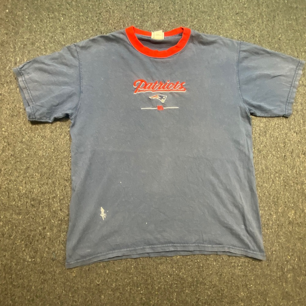 NFL New England Patriots T Shirt L Mens‎ Blue Embroidered Ringer Logo Distressed